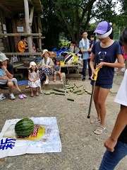 シートの上にスイカが置かれ、タオルで目隠しをした女の子が棒を持って立っており、その様子を見ているスイカ割の様子の写真