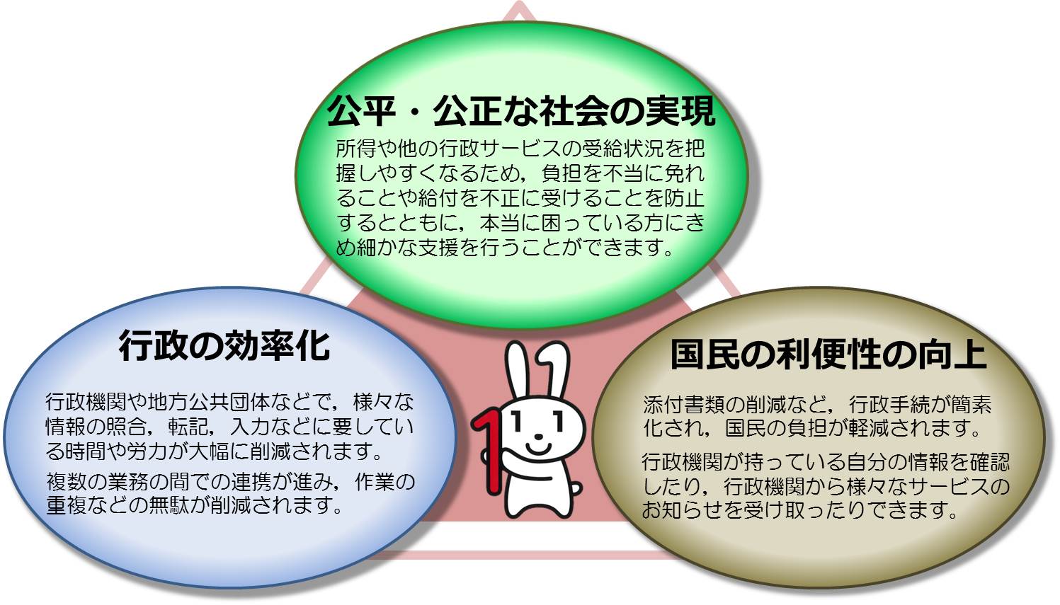 公平・公平な社会の実現、国民の利便性の向上、行政の効率化が示された図