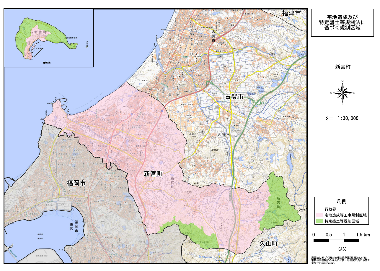 新宮町の盛土規制範囲が示された地図