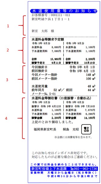 水道使用量等のお知らせ(レシートタイプ)の見本