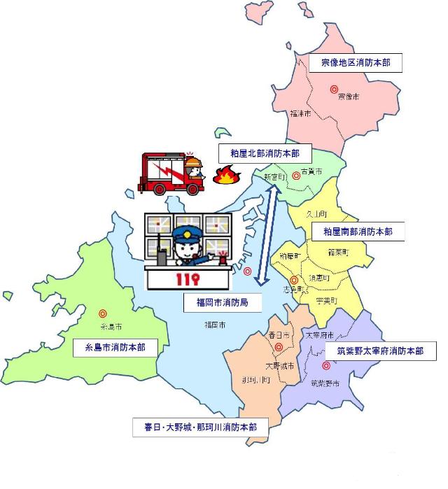 福岡市消防局の指令センターで男性が指示をしているイラストと、地区ごとで色分けされた共同運用イメージの地図