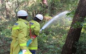 林の中を防火服を着た消防団の方が、2人でホースを持って放水している写真