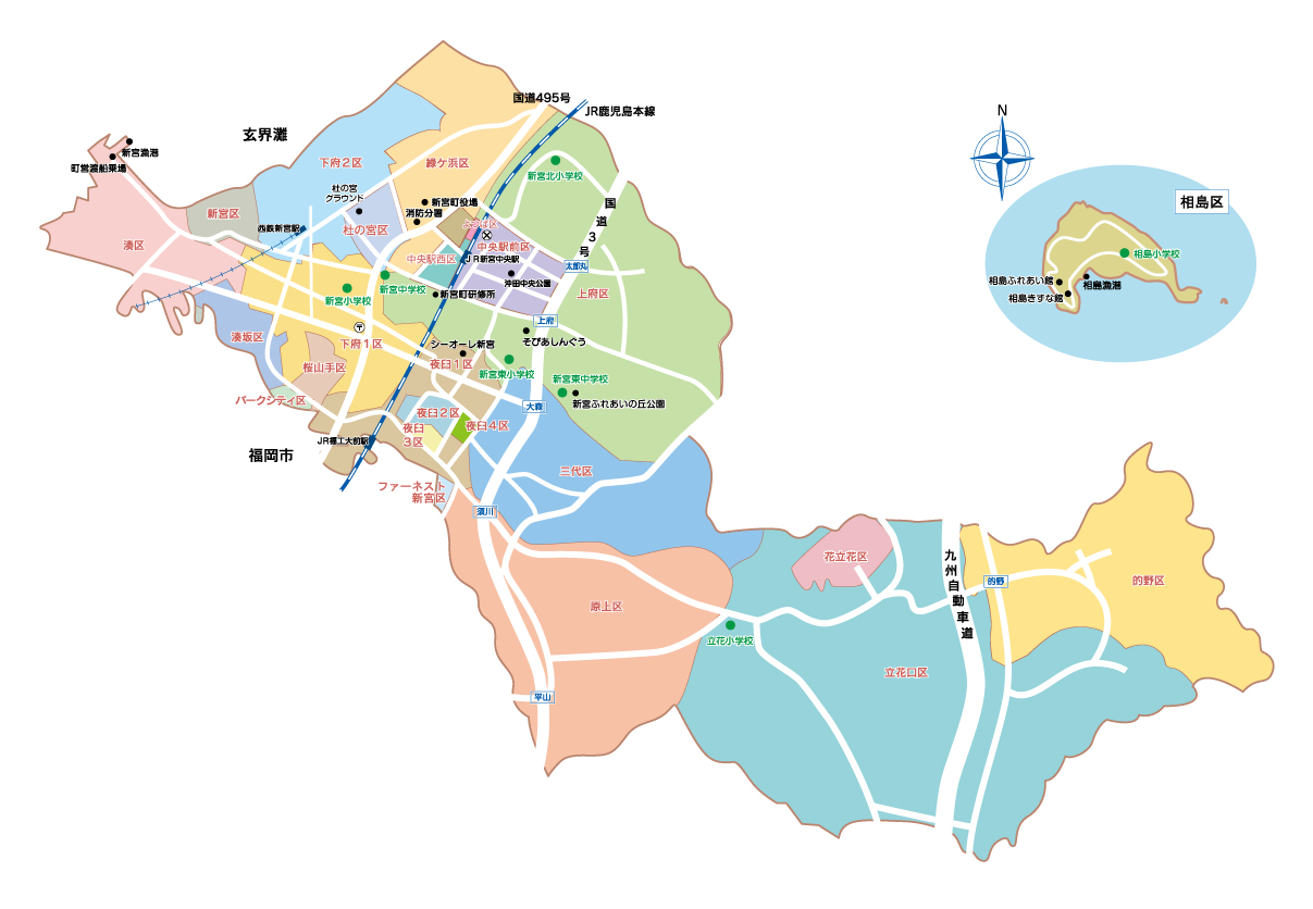 新宮町内の行政区ごとに色分けされた地図