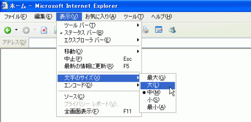 インターネットエクスプローラー6の文字拡大手順画面