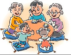 祖母と親子の5人と白い猫の家族で円卓を囲み、会議をしているイラスト