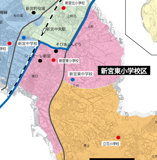上部に「新宮東小学校区」と書かれ、該当するエリアがピンク色に色づけされている地図
