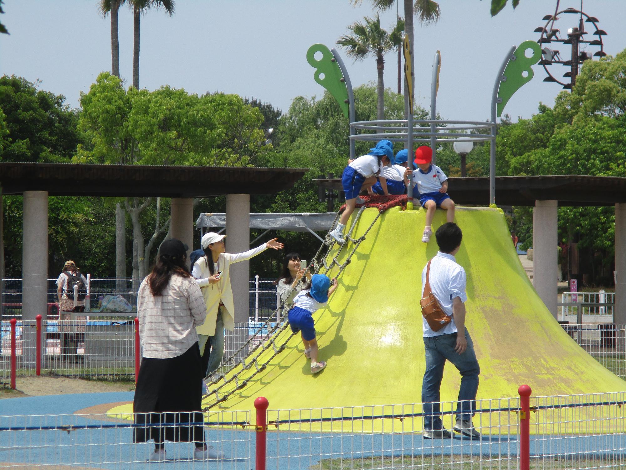 山型遊具にかかる縄はしごを一生懸命登っている年長さん