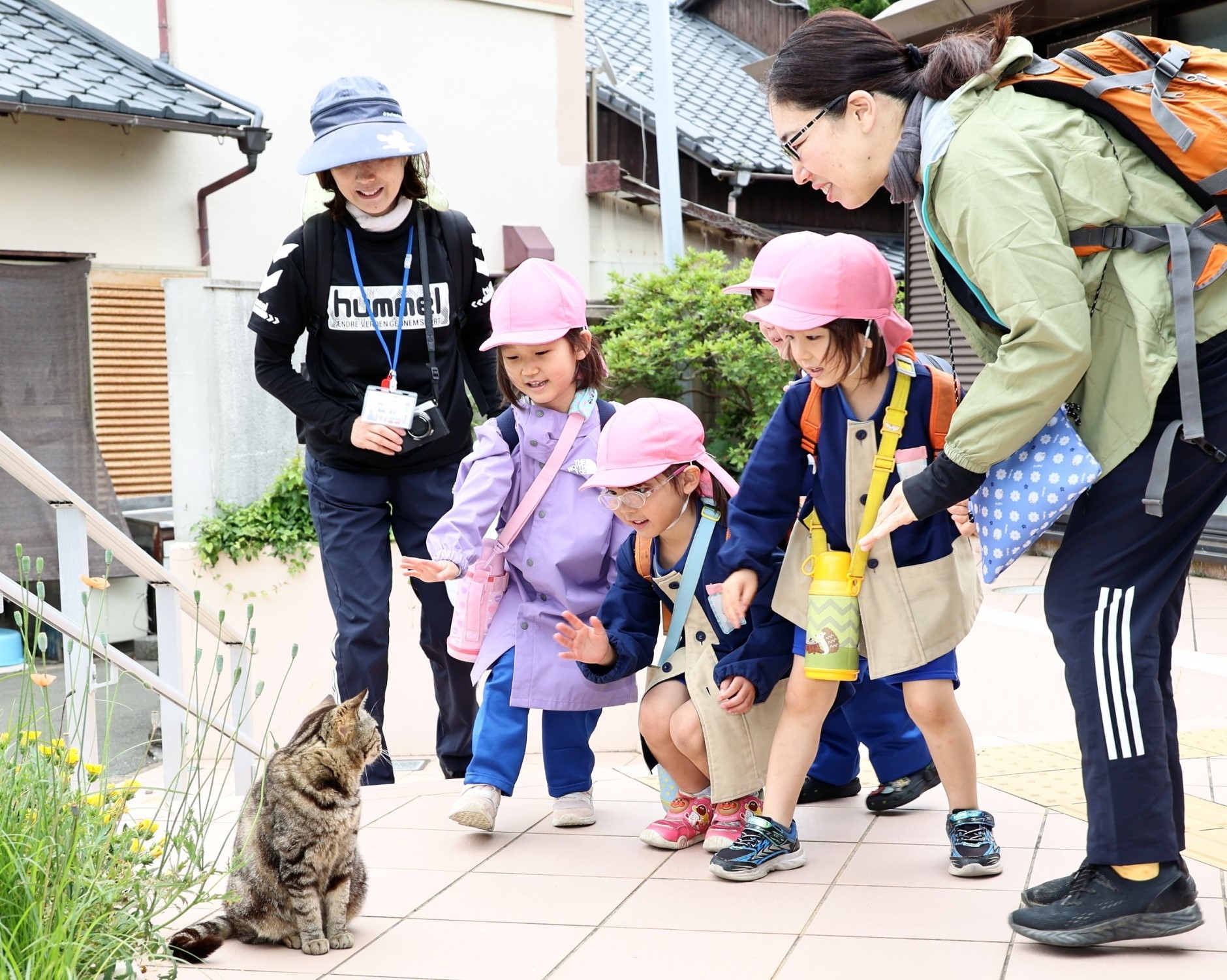 猫がいるのを見つけて話しかけているところ