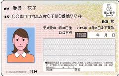 氏名に「番号花子」と書かれ、女性の正面写真が入っているマイナンバーカードのおもて面