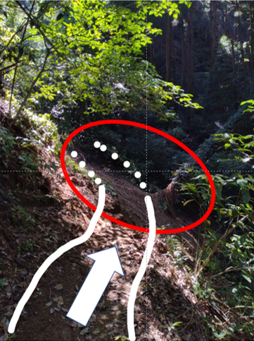 立花山登山道石垣ルートの土砂崩れの様子