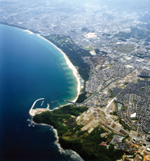 左側に海が広がり、右側に砂浜や木々、街並みが広がる新宮海岸を上空から撮影した航空写真